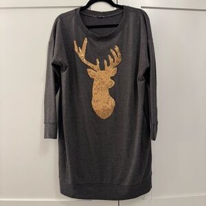 Papermoon Gray Long Sleeve Dress with Gold Deer Design